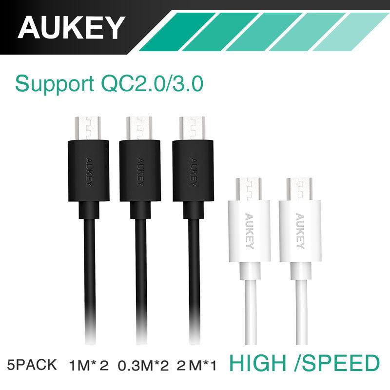 AUKEY 5pcs Mini Micro USB Cable Fast Charging Adapter 5V2A Data Charger Mobile Phone Cable for HTC LG Xiaomi & More Device Cable