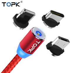 TOPK 1M LED Magnetic Cable For iPhone X 8 7 Plus iPad Air & Micro USB Cable & USB Type C Cable Nylon Braided Magnet Charger
